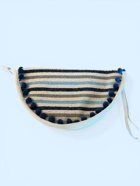 Navy & Cream Striped Pom-Pom Boho Wristlet Pouch